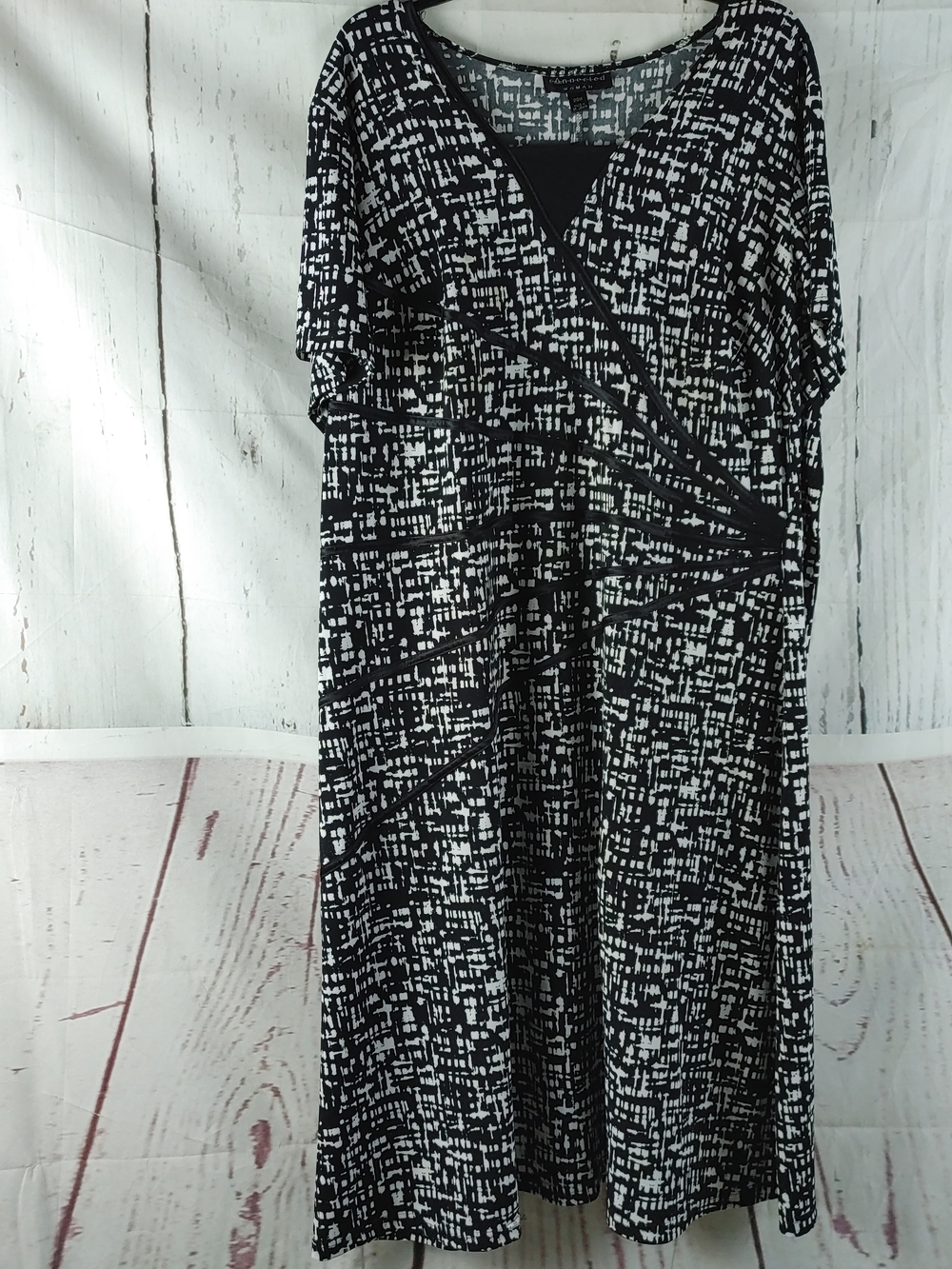 connected apparel Black & White Abstract Faux-Wrap Midi Dress